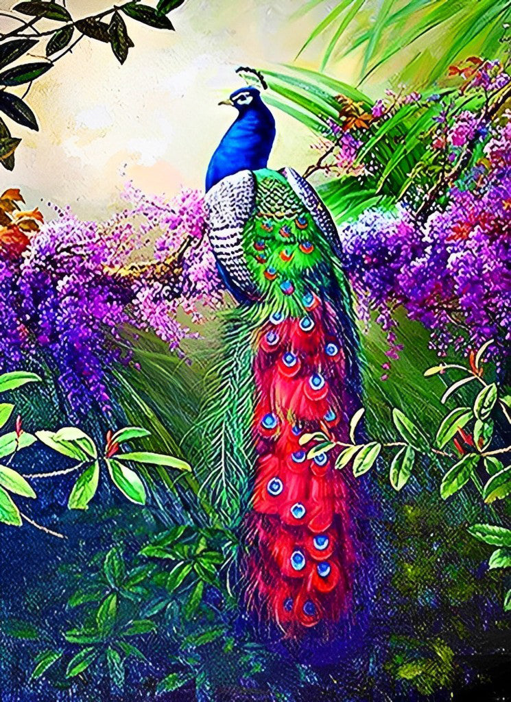 Pfau und lila Blumen Diamond Painting