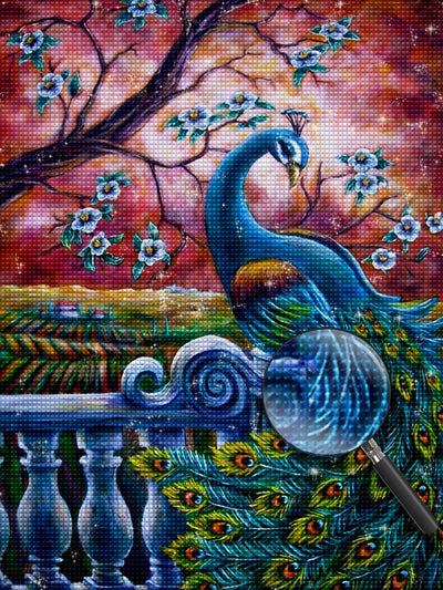 Blauer Pfau und roter Himmel Diamond Painting