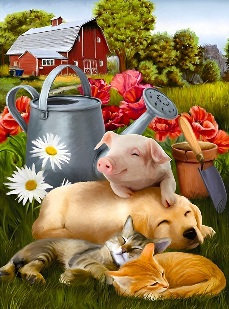 Schwein, Hund und Katze auf dem Bauernhof Diamond Painting