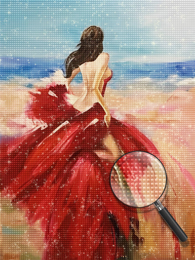 Schöne Frau im roten Kleid am Meer Diamond Painting