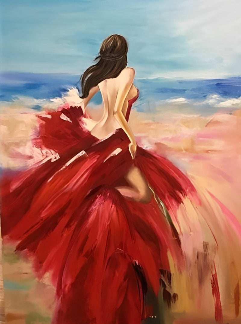 Schöne Frau im roten Kleid am Meer Diamond Painting