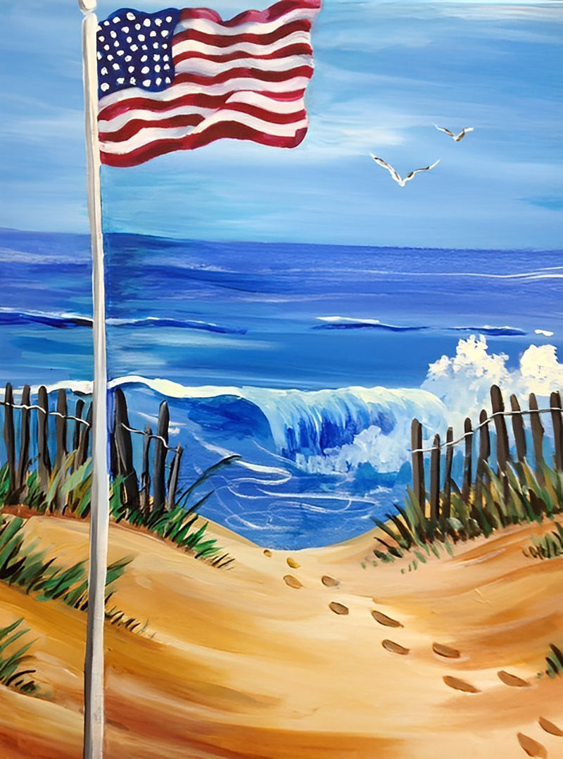 Amerikanische Flagge am Meer Diamond Painting