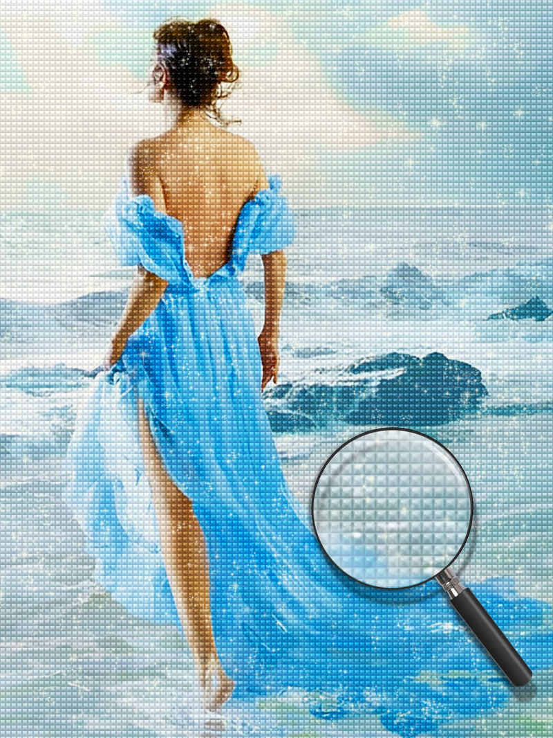 Schöne Frau im blauen Kleid am Meer Diamond Painting