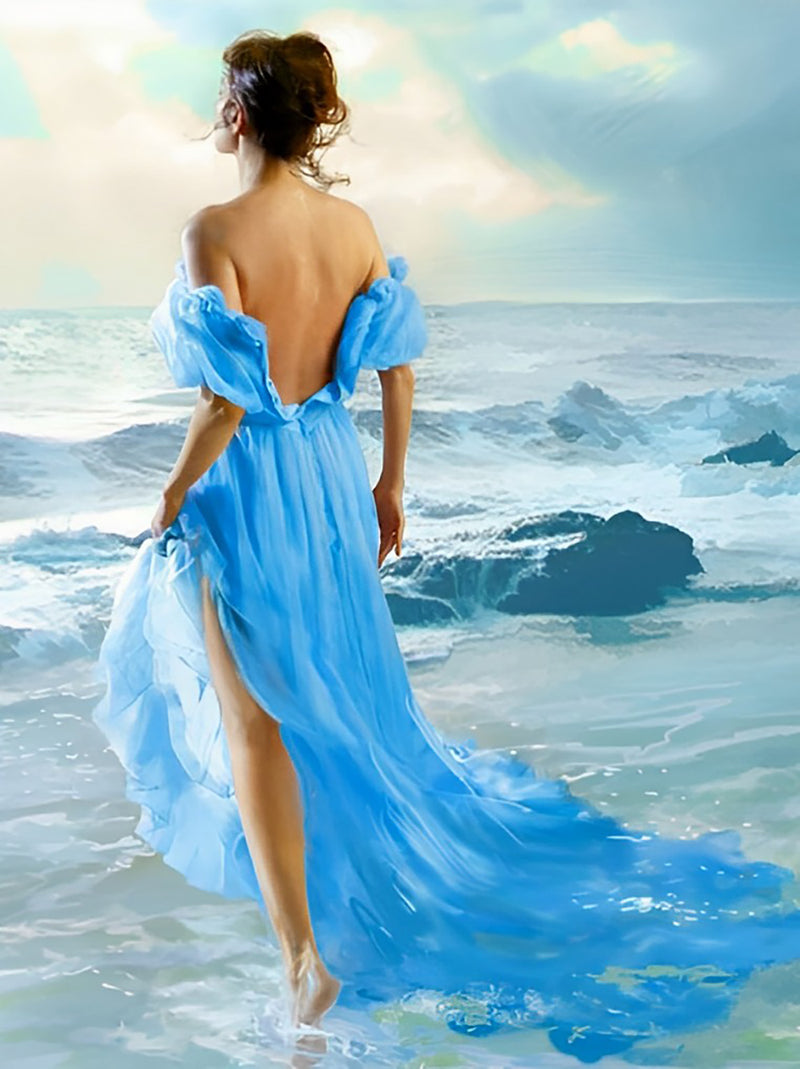 Schöne Frau im blauen Kleid am Meer Diamond Painting