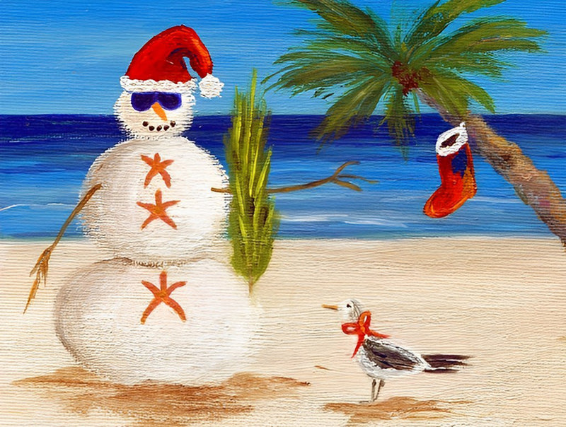 Weihnachtsschneemann mit Sonnenbrille am Strand Diamond Painting