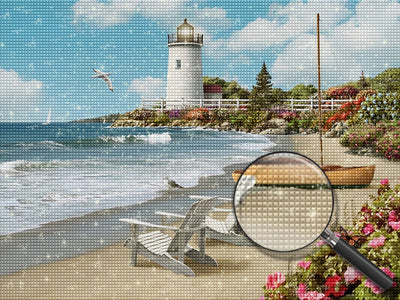 Leuchtturm und Stühle am Strand Diamond Painting