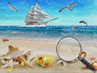 Meeresschnecken, Möwen und weißes Segelboot Diamond Painting