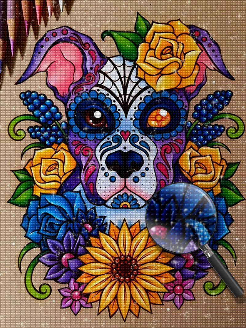 Hund, Rosen und Sonnenblume Diamond Painting