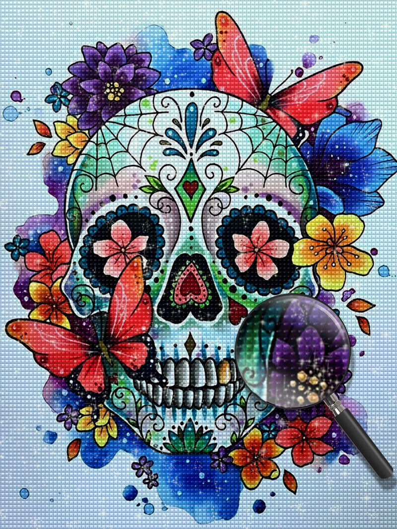 Totenkopf, Schmetterlinge und Blumen Diamond Painting