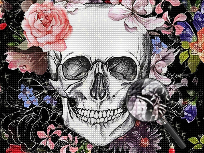 Schwarzweißer Totenkopf und Blumen Diamond Painting