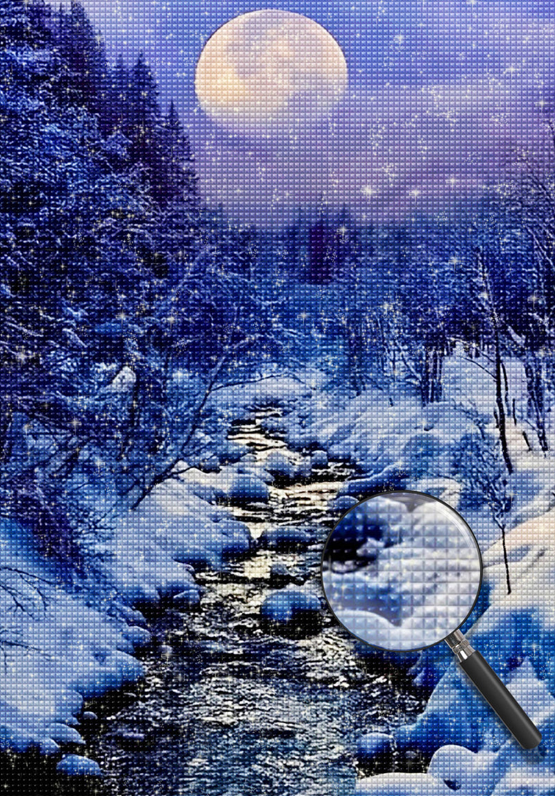 Mondlicht Schnee Bäume Bach Diamond Painting