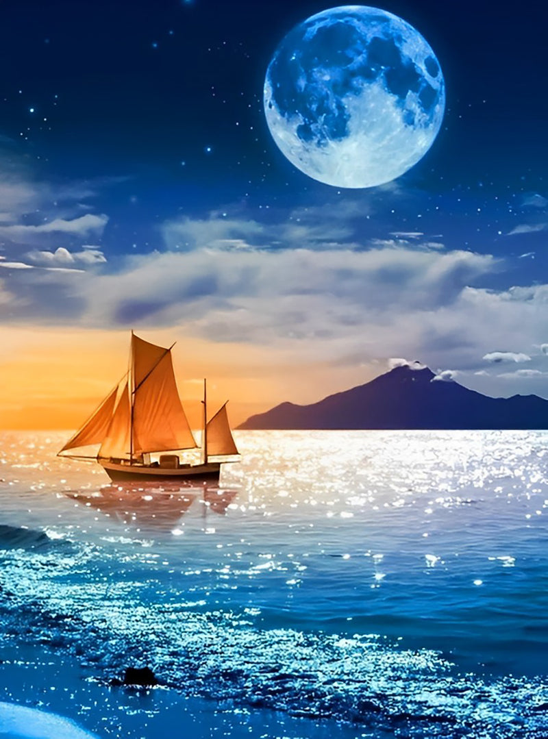 Mond, Meer und einsames Boot Diamond Painting