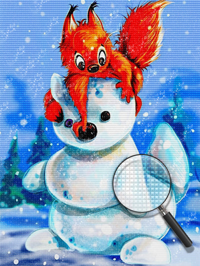 Rotes Eichhörnchen und Schneemann Diamond Painting