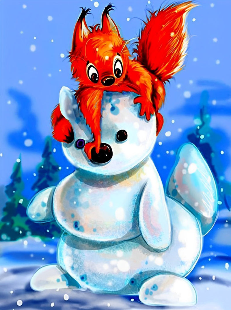 Rotes Eichhörnchen und Schneemann Diamond Painting