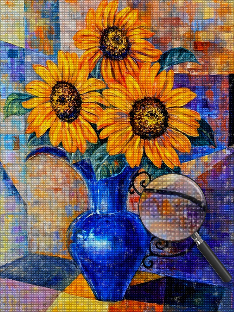 Drei Sonnenblumen in der blauen Vase Diamond Painting