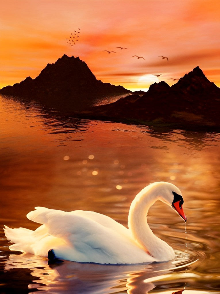 Schwan auf dem See bei Sonnenuntergang Diamond Painting