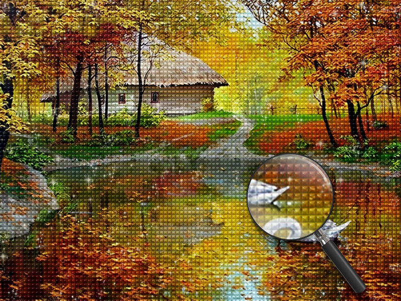 Schwäne und Hütte im Wald im Herbst Diamond Painting