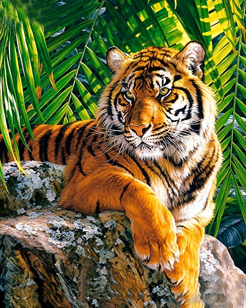 Tiger Felsen Blätter Diamond Painting