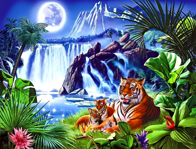 Tiger Mond Wasserfall Diamond Painting