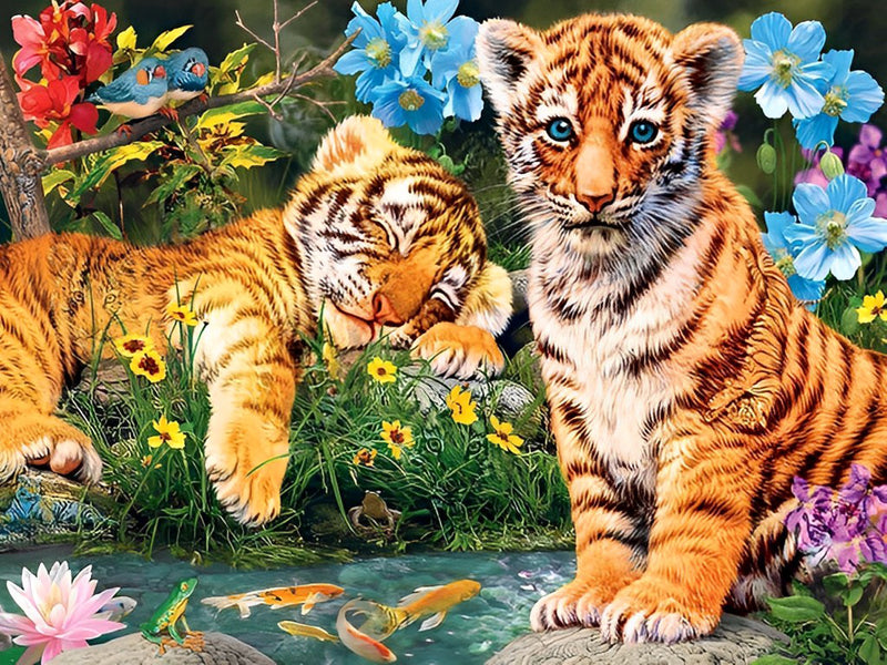 Tiger auf dem Feld mit Blumen Diamond Painting