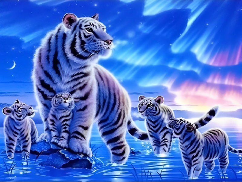 Tigerfamilie im Polarlicht Diamond Painting