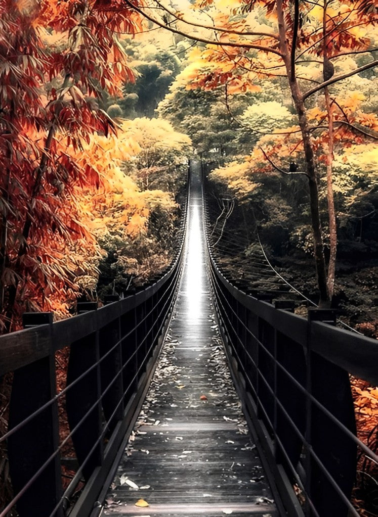 Kabelbrücke im Ahornwald Diamond Painting