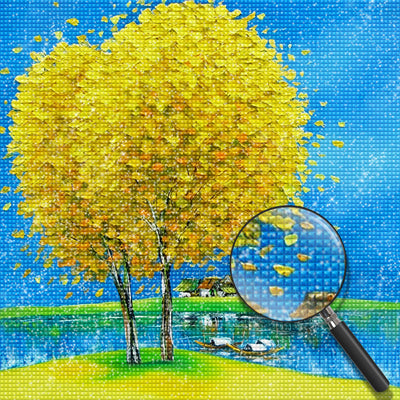 Gelbe Bäume am See Diamond Painting