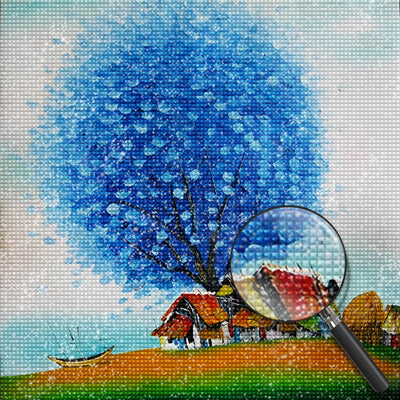 Dorf unter dem großen blauen Baum Diamond Painting