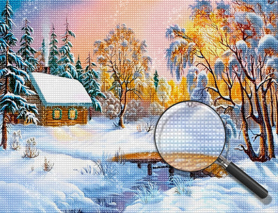 Verschneite Hütte im Wald Diamond Painting