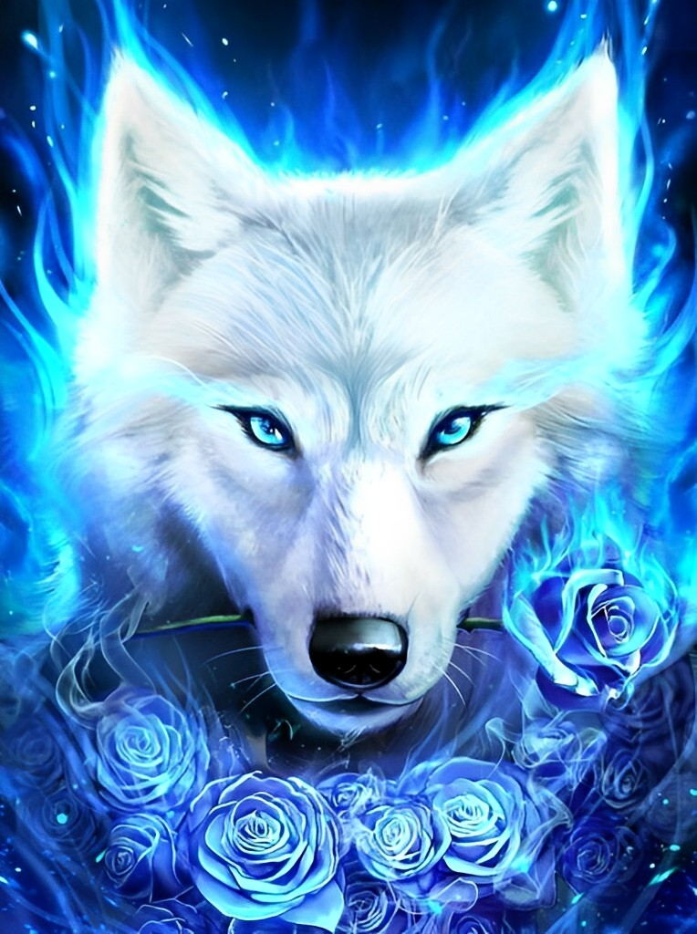 Wolf und blaue Rosen Diamond Painting