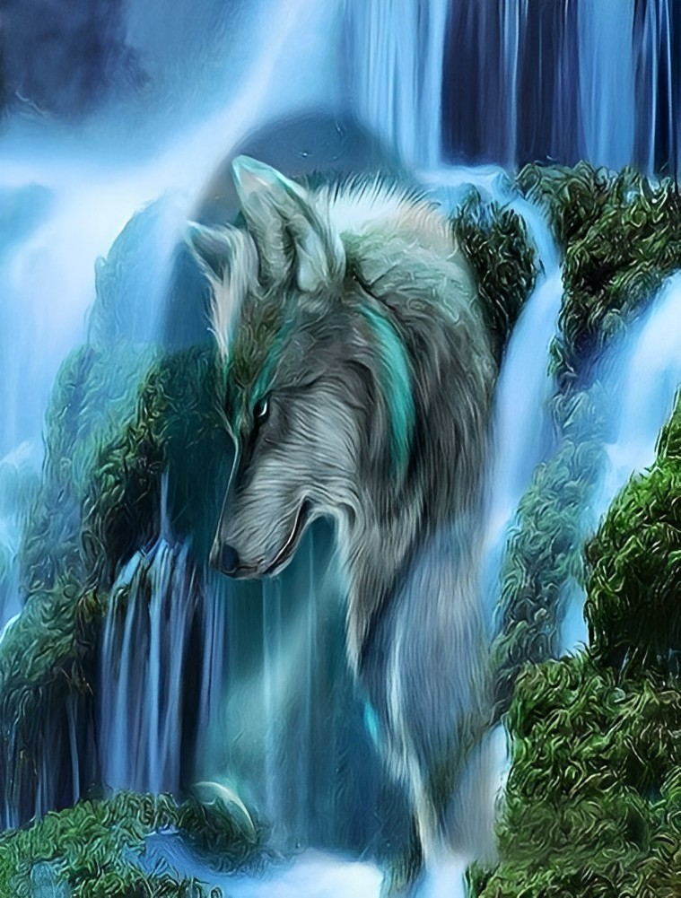 Wasserfall und Wolf Diamond Painting