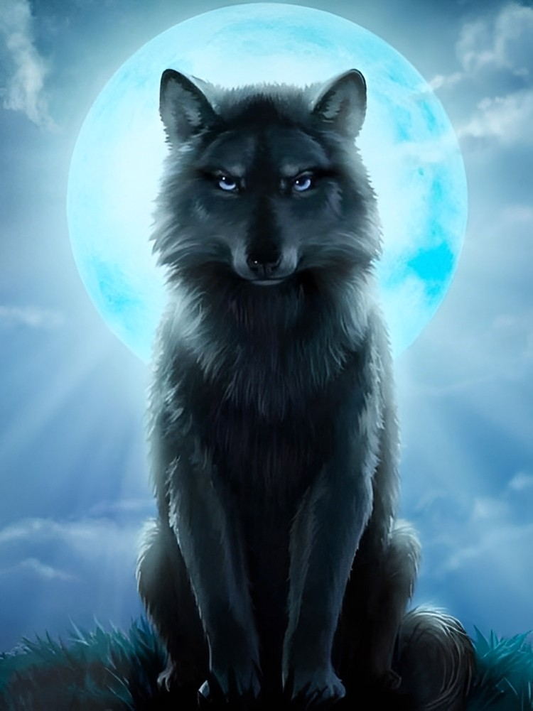 Schwarzer Wolf und Mond Diamond Painting