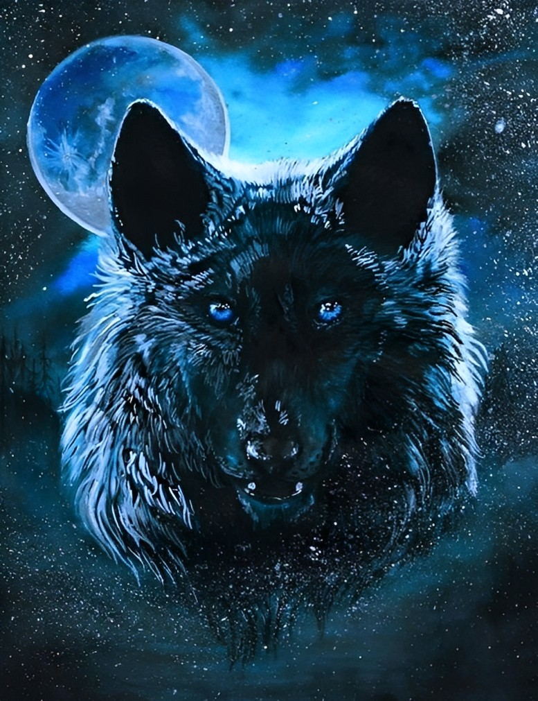 Schwarzer Wolf unter dem Vollmond Diamond Painting