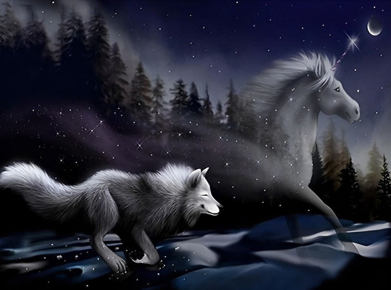 Laufender Wolf und Pferd Diamond Painting