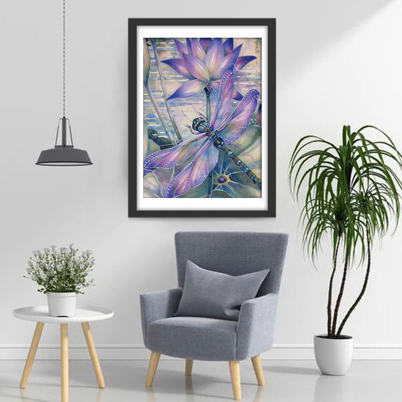 Lila Libelle und Lotusblumen Diamond Painting