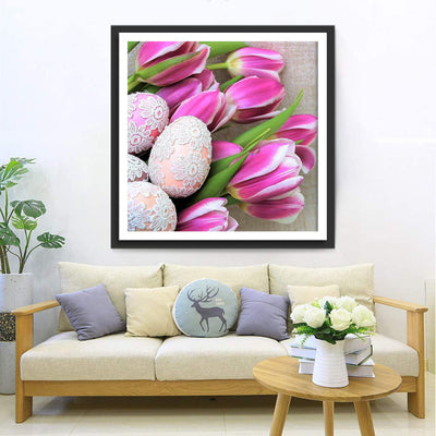 Ostereier und rosa Tulpen Diamond Painting