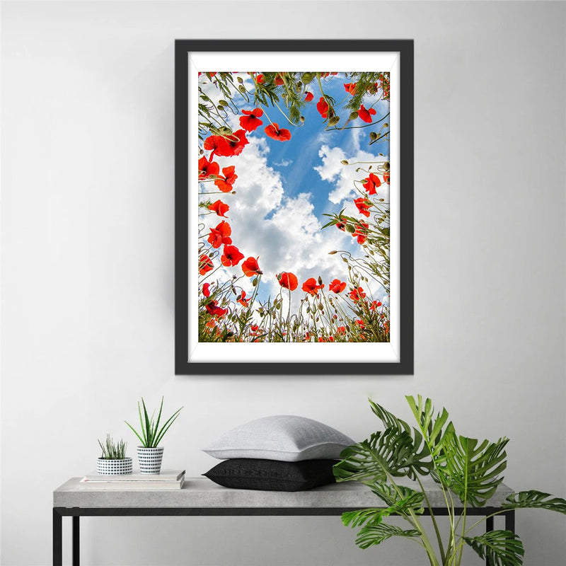 Rote Mohnblumen und weiße Wolken Diamond Painting