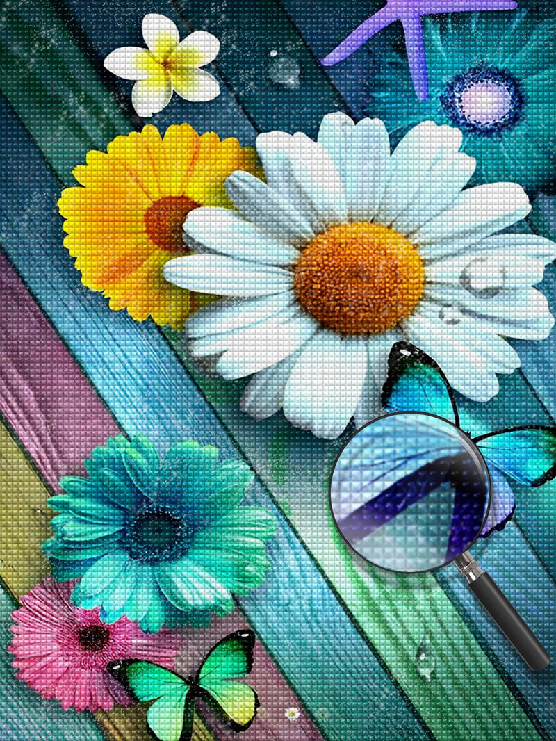 Bunte Gänseblümchen auf dem Brett Diamond Painting