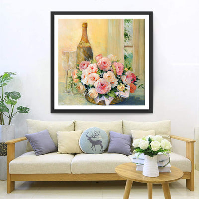 Rosa Blumen und Wein Diamond Painting