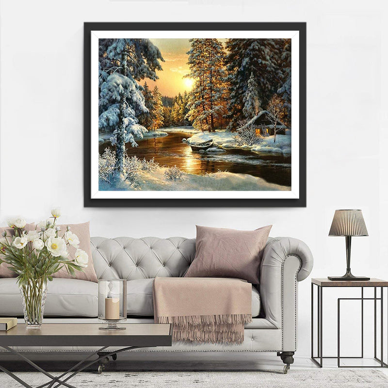 Schneewald und Fluss bei Sonnenuntergang Diamond Painting