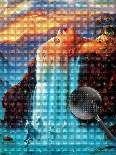 Schöne Frau, Wasserfall und weiße Pferde Diamond Painting