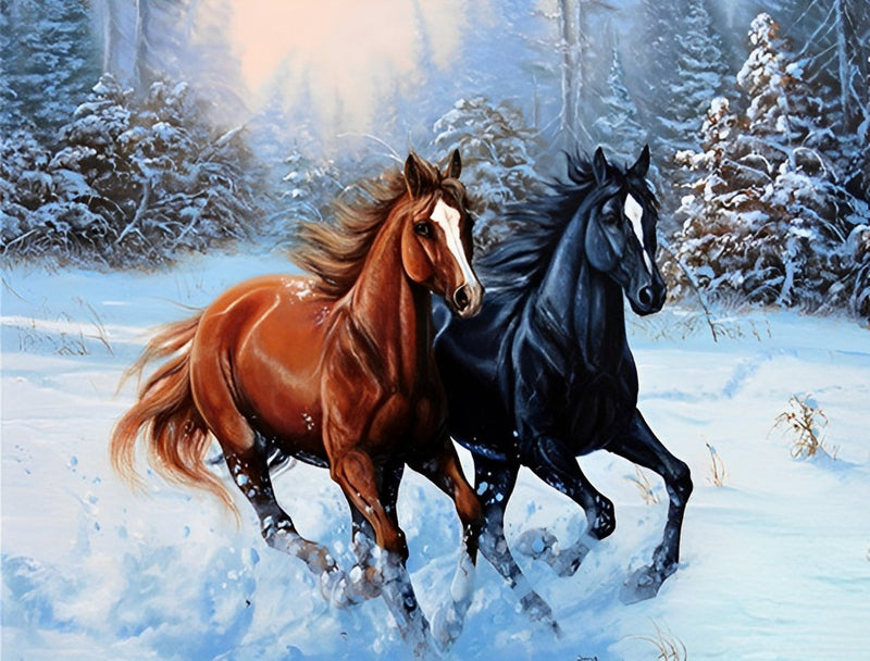 Braunes Pferd und schwarzes Pferd im Schnee Diamond Painting