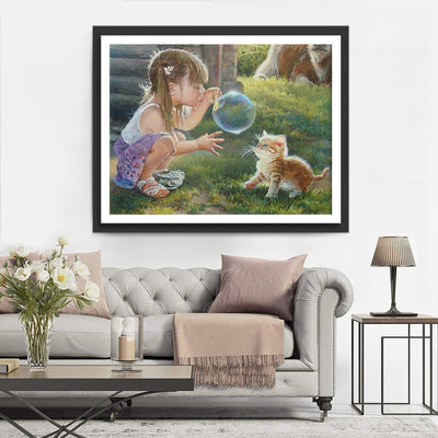 Blasendes Mädchen und Katze Diamond Painting