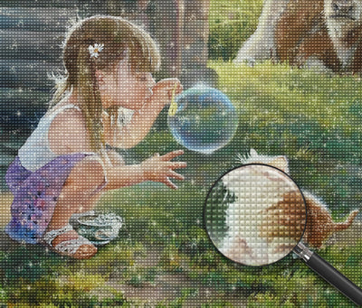 Blasendes Mädchen und Katze Diamond Painting