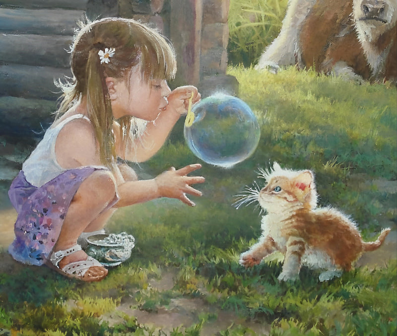 Blasendes Mädchen und Katze Diamond Painting