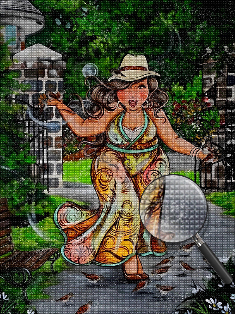 Dicke Dame und Vögel Diamond Painting