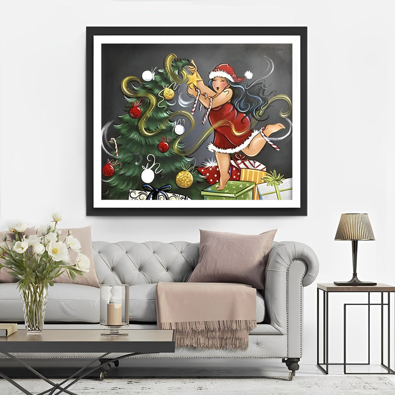 Dicke Dame und Weihnachtsbaum Diamond Painting