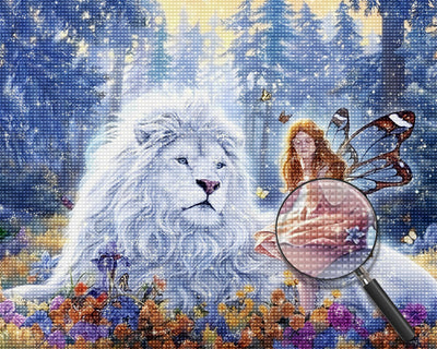 Weißer Löwe und Fee im Wald Diamond Painting