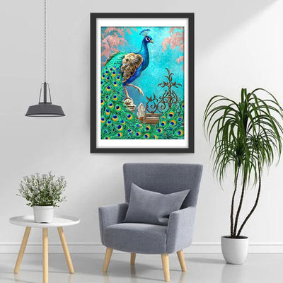 Grüner Pfau auf dem Zaun Diamond Painting