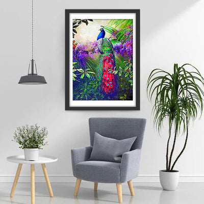 Pfau und lila Blumen Diamond Painting